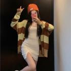 Color Block Stripe Oversized Cardigan / Slit Dress
