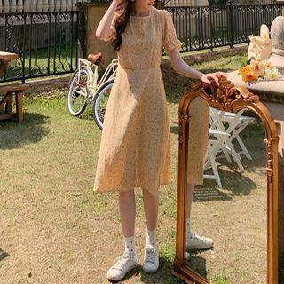 Balloon-sleeve Floral Print Midi A-line Dress Yellow - One Size