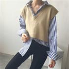Striped Loose-fit Shirt / Plain V-neck Knit Vest