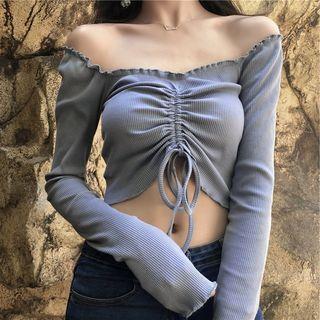 Off-shoulder Frill Trim Drawstring Cropped Top
