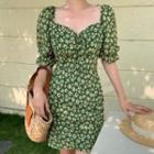 Puff-sleeve Sweetheart Neckline Floral Mini A-line Dress