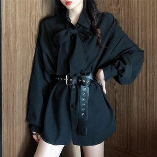 Bow Lantern-sleeve Dress Black - One Size
