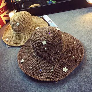 Faux Pearl Flower Accent Straw Hat