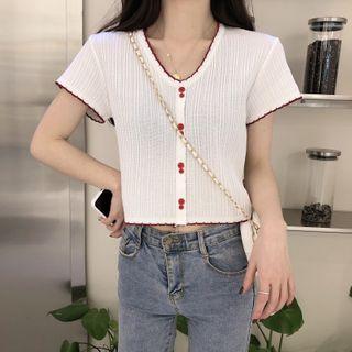Buttoned Short-sleeve Cropped Knit Top