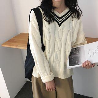 Long-sleeve V-neck Striped Sweater