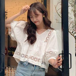 Elbow-sleeve Eyelet Cropped Blouse White - One Size