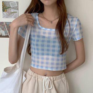 Short-sleeve Gingham Cropped T-shirt