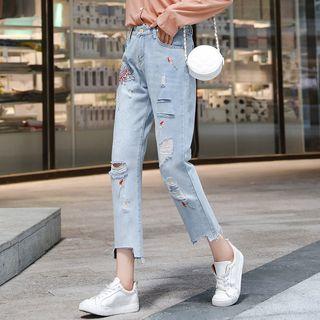 Asymmetric Frayed Hem Embroidered Ripped Straight Fit Jeans