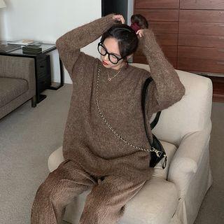 Loose-fit Furry-knit Sweater / Velvet Wide-leg Pants
