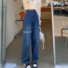 High-waist Lettering Loose-fit Straight Leg Jeans