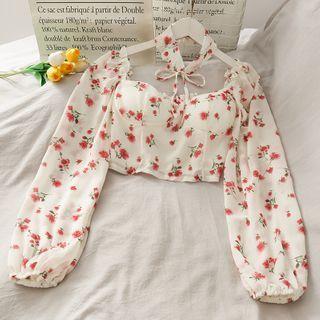 Long-sleeve Printed Crop Blouse With Choker White - One Size