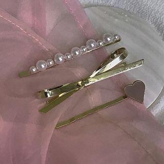 Set: Faux Pearl / Alloy Bow / Heart Hair Pin Set Of 3 Pieces - C94a - One Size
