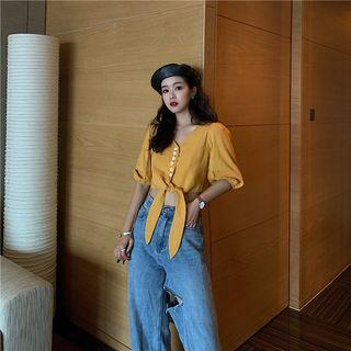 Elbow-sleeve Tie-front Cropped Blouse