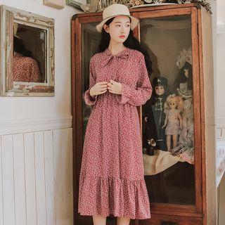 Floral Print Long-sleeve Tie-neck A-line Dress
