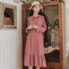 Floral Print Long-sleeve Tie-neck A-line Dress