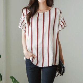 Cap-sleeve Frill-trim Striped Blouse