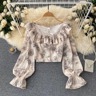 Square-neck Ruffle Print Chiffon Long-sleeve Top