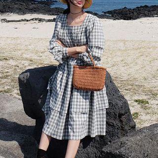 Square-neck Plaid Long-sleeve Dress