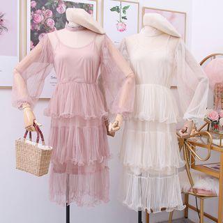 Layered Lace-trim Mesh A-line Dress With Slipdress