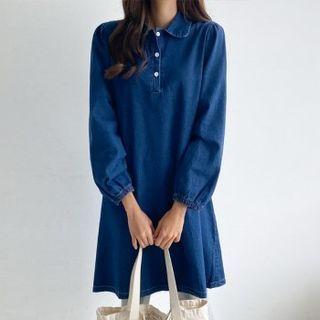 Half-placket Flared Denim Dress