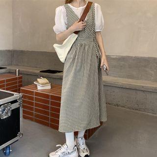 Short-sleeve Top / Plaid Midi Overall Dress