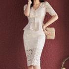Set: Short-sleeve Lace Zip-up Top + Fitted Midi Skirt
