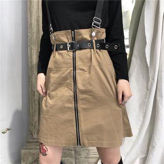 Zip-front Mini A-line Suspender Skirt Khaki - One Size