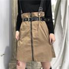 Zip-front Mini A-line Suspender Skirt Khaki - One Size
