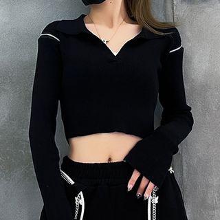 Cold-shoulder Ribbed Polo Knit Top