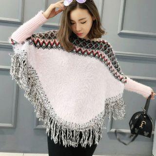 Fringe Hem Patterned Knit Cape