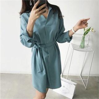 Open-placket Round-hem Shirtdress With Sash