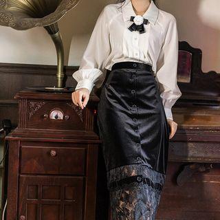 Set: Flower Detail Blouse + Lace Hem Midi Pencil Skirt