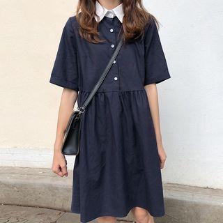 Short-sleeve Contrast Collar A-line Dress Navy Blue - One Size