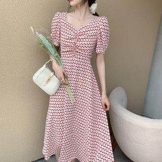 Puff-sleeve Fruit Print Midi A-line Dress