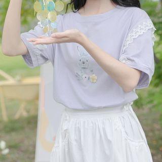 Short-sleeve Lace Trim Cartoon T-shirt