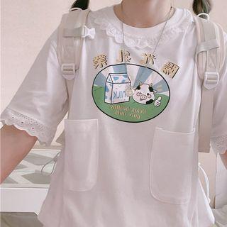 Short-sleeve Graphic Print Eyelet Lace Trim T-shirt White - One Size