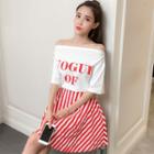 Set: Lettering Off-shoulder Short-sleeve T-shirt + Striped A-line Skirt