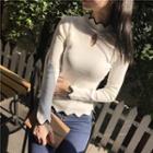 Scallop Trim Cut Out Front Long Sleeve Knit Top