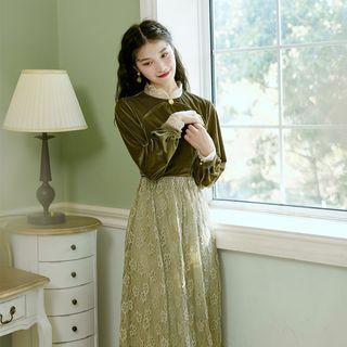 Lace Hem Long-sleeve Midi A-line Dress
