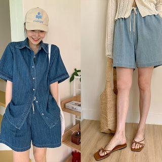 Drawcord Wide Denim Shorts