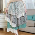 Lace-trim Floral Layered Midi Skirt