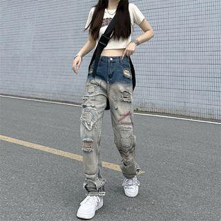 Mid-rise Two Tone Distressed Straight Leg Jeans