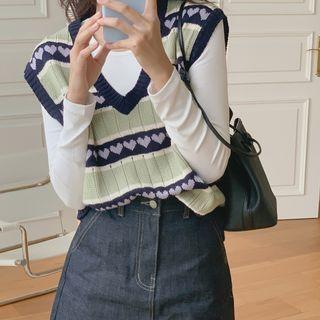 V-neck Heart Knit Vest Navy Blue - One Size
