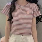 Embroidered Striped Cropped T-shirt Pink - One Size
