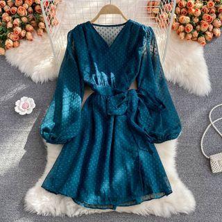 Puff Sleeve Tie Waist Chiffon Dress