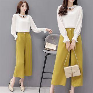 Set: Cut Out Chiffon Blouse + Cropped Wide Leg Pants