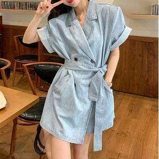 Elbow-sleeve Double-breasted Denim Mini A-line Dress