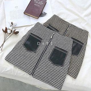 Houndstooth High-waist Zipper A-line Skirt