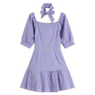Set: Short-sleeve Plaid Mini Dress + Bow Tie