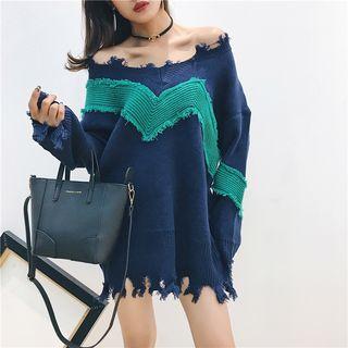 Distressed Color Panel Sweater